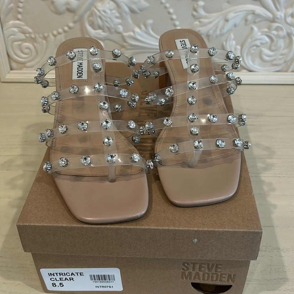 Steve Madden Intricate Clear Embellished Caged Slide Healed Mule Size 8.5